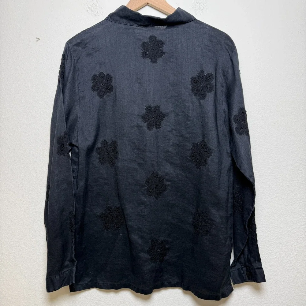 Poetic‎ Women 100% Ramie Button Down Top Black Crochet Bohemian Coastal Lagen